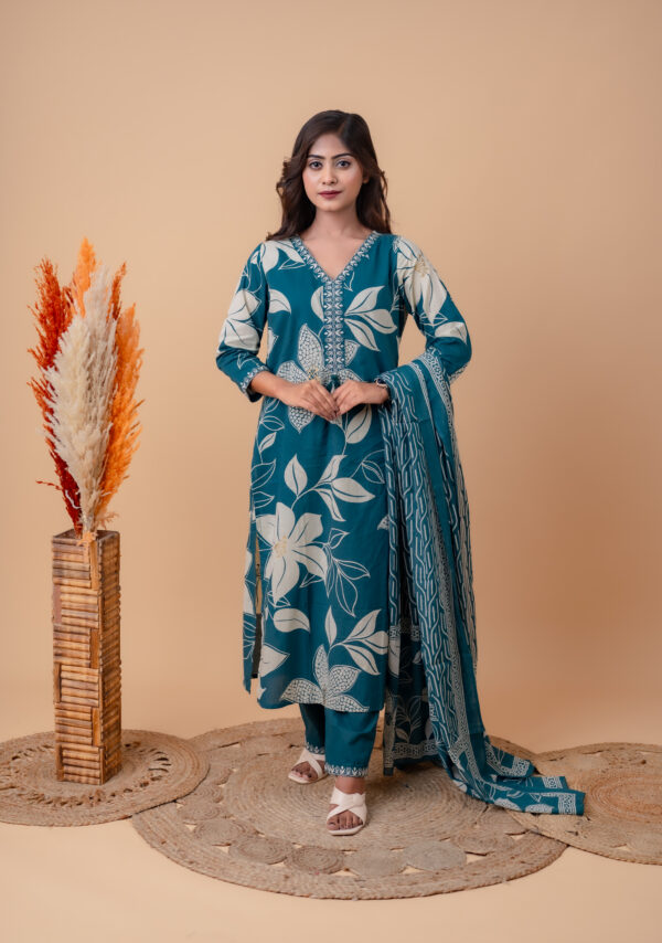 Teal Bloom Cotton Kurta Set